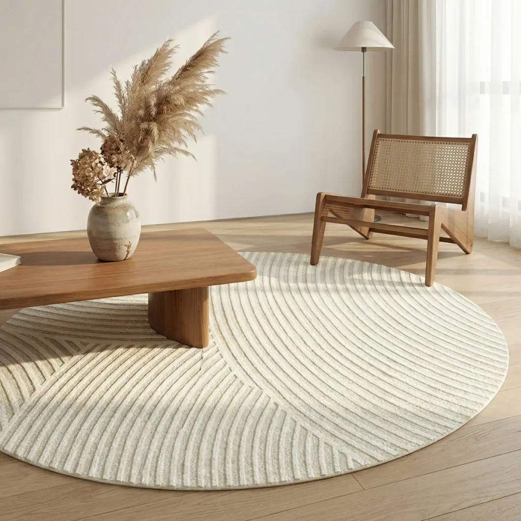 Japandi Round Abstract Relief Rug — where minimalism meets durability