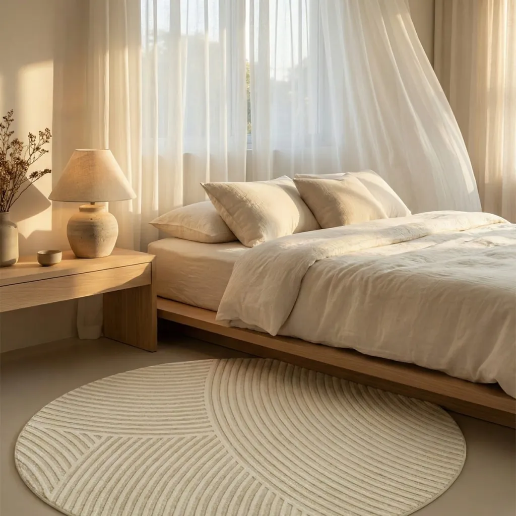 Japandi Round Abstract Relief Rug — flexible, beautiful styling