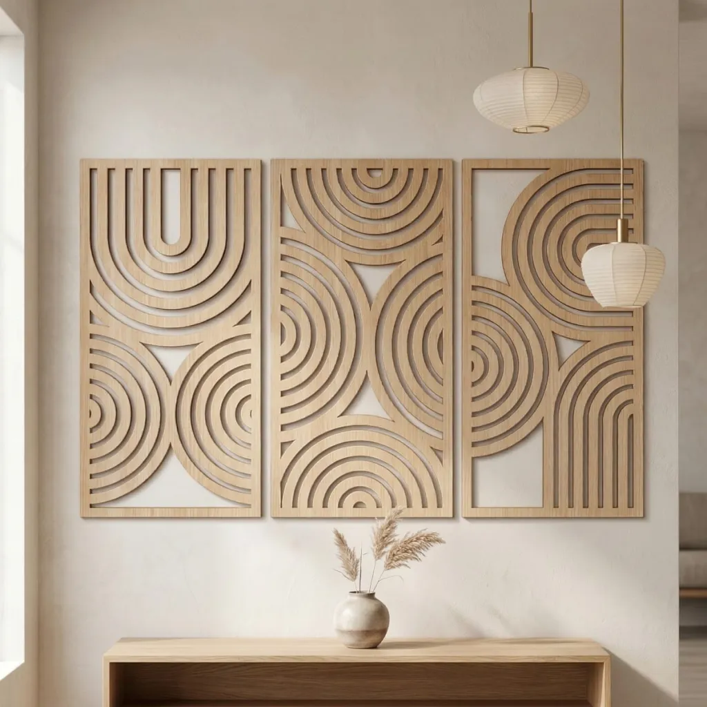 Japandi Sculpted Circle Arc Wood Wall Art, Triptych