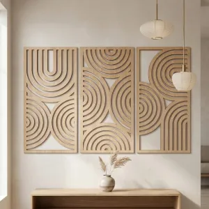 Japandi Sculpted Circle Arc Wood Wall Art, Triptych — view 1