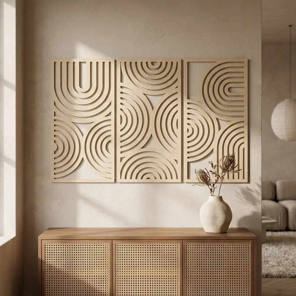 Japandi Sculpted Circle Arc Wood Wall Art, Triptych — a piece designed for serenity