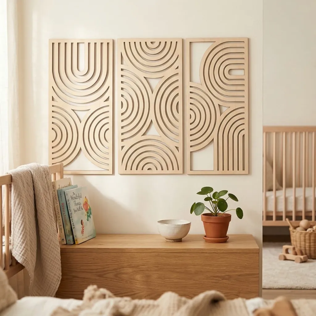 Japandi Sculpted Circle Arc Wood Wall Art, Triptych — where minimalism meets durability