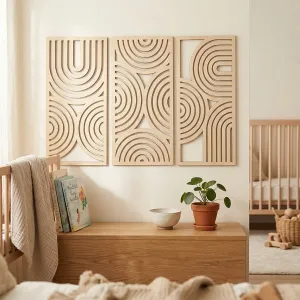 Japandi Sculpted Circle Arc Wood Wall Art, Triptych — view 3