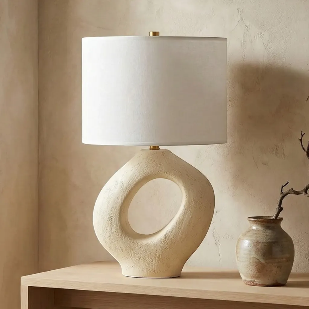 Sculpted Resin Japandi Lamp with Cylindrical Shade