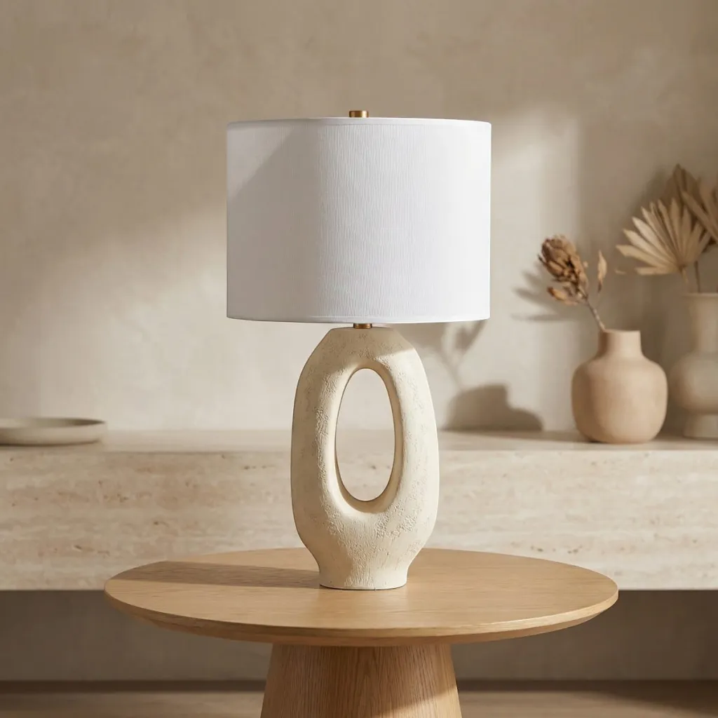Sculpted Resin Japandi Lamp with Cylindrical Shade — flexible, beautiful styling