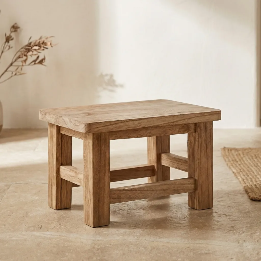 Small Rectangular Natural Wood Japandi Stool