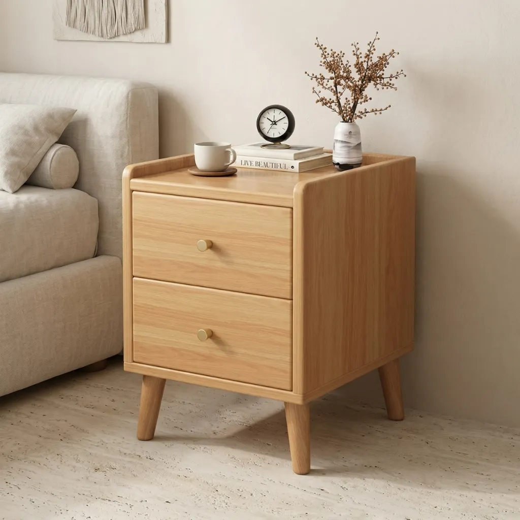 Japandi Nightstand in Solid Wood with Gold Accents
