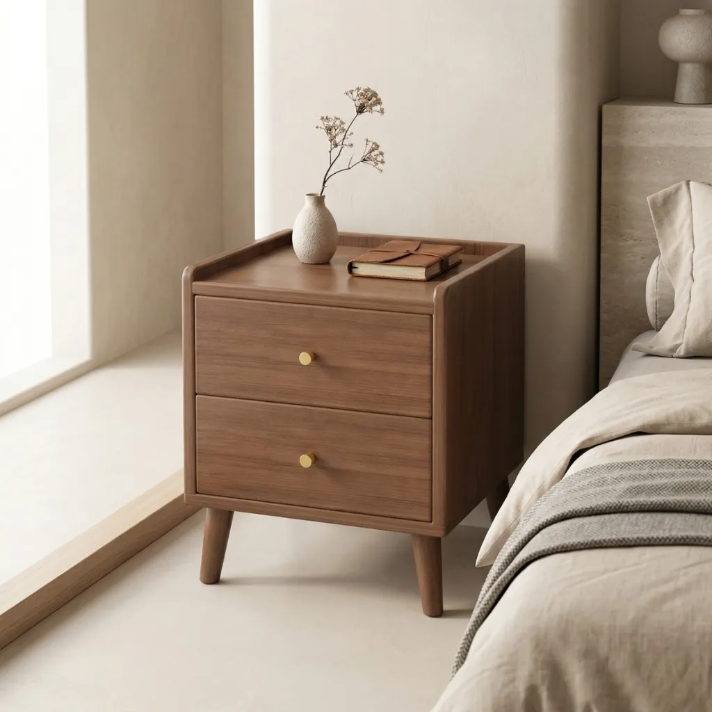 Japandi Nightstand in Solid Wood with Gold Accents — a piece designed for serenity