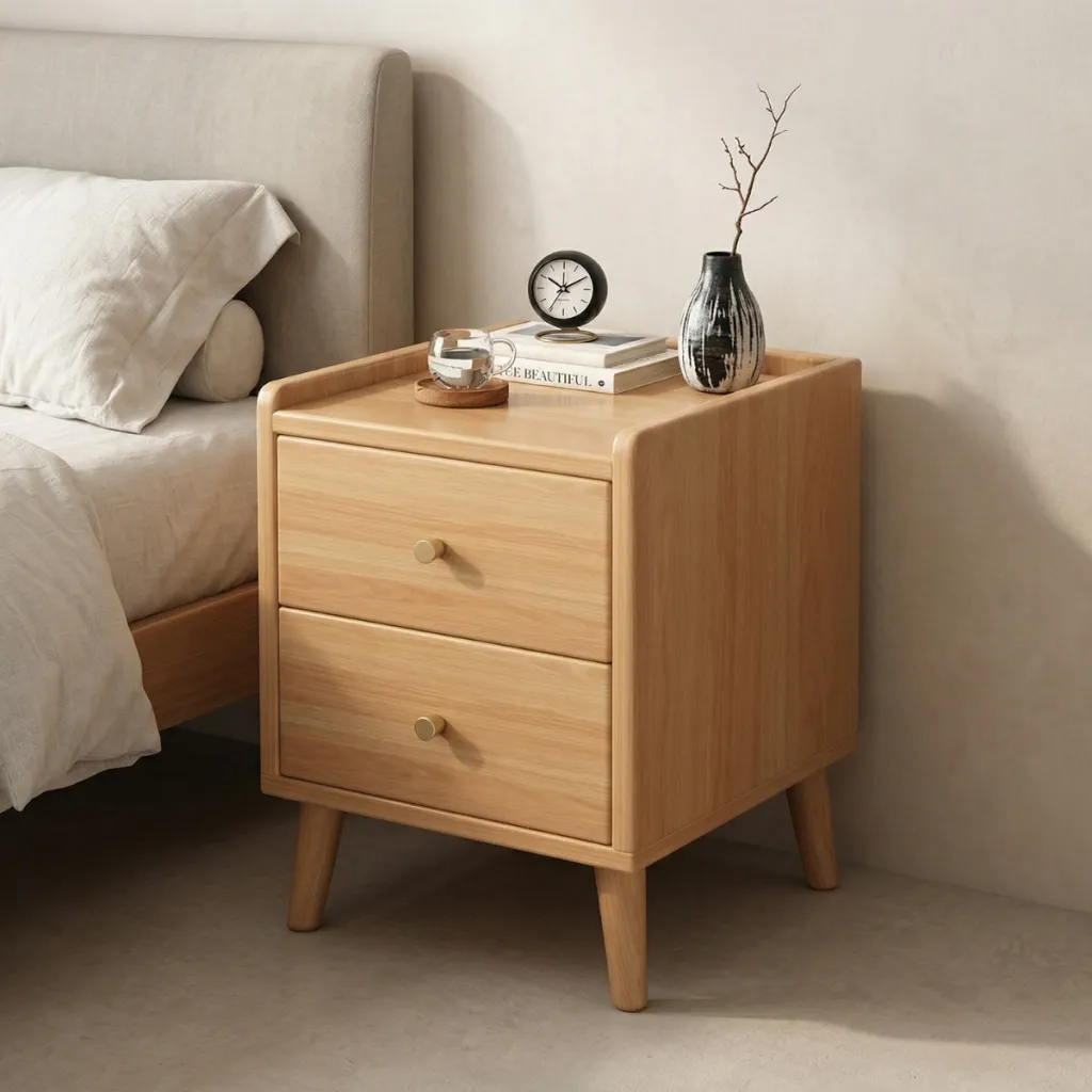 Japandi Nightstand in Solid Wood with Gold Accents — where minimalism meets durability
