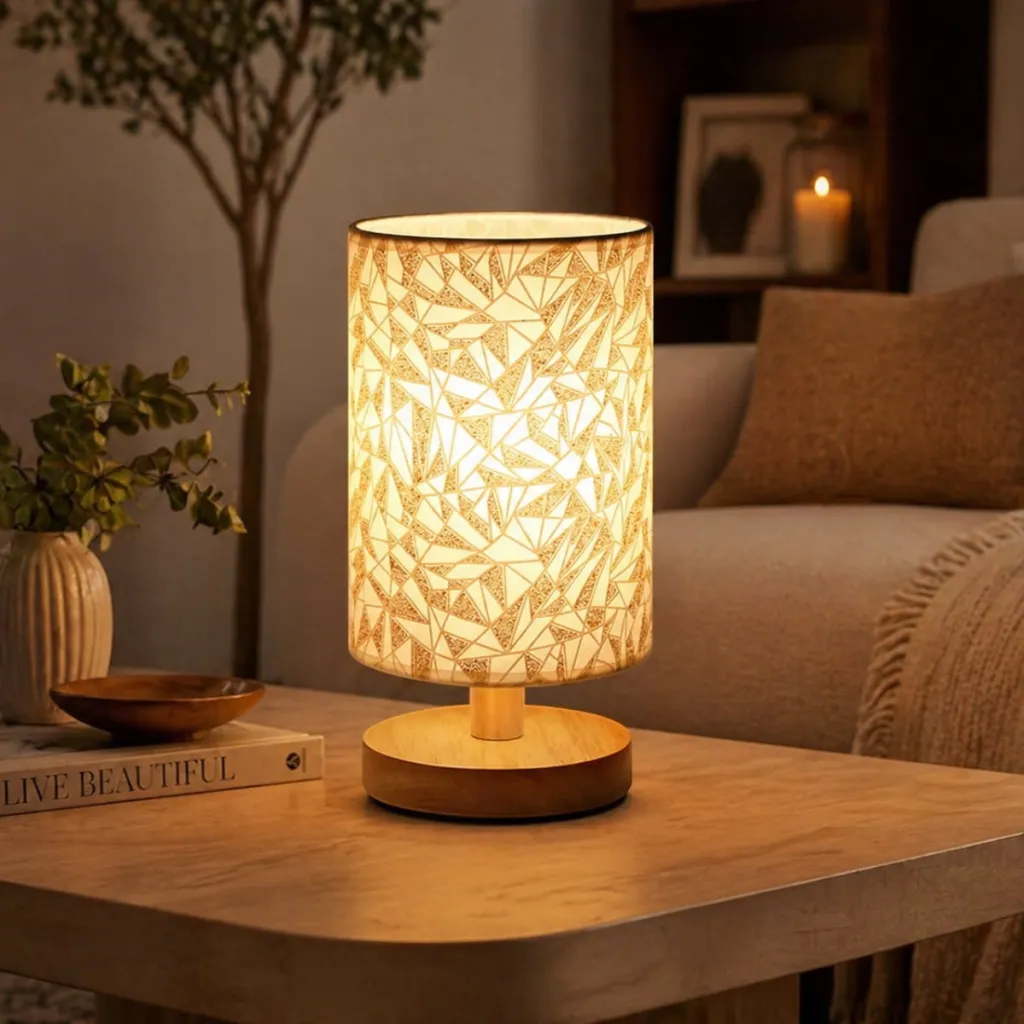 Japandi Table Lamp with Geometric Gold Shade and Wood Base
