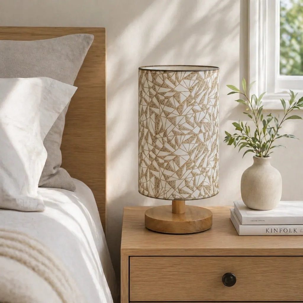 Japandi Table Lamp with Geometric Gold Shade and Wood Base — where minimalism meets durability