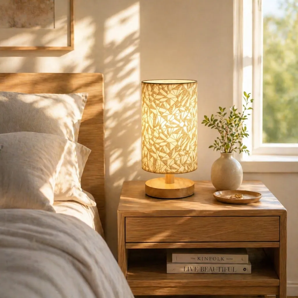 Japandi Table Lamp with Geometric Gold Shade and Wood Base — flexible, beautiful styling