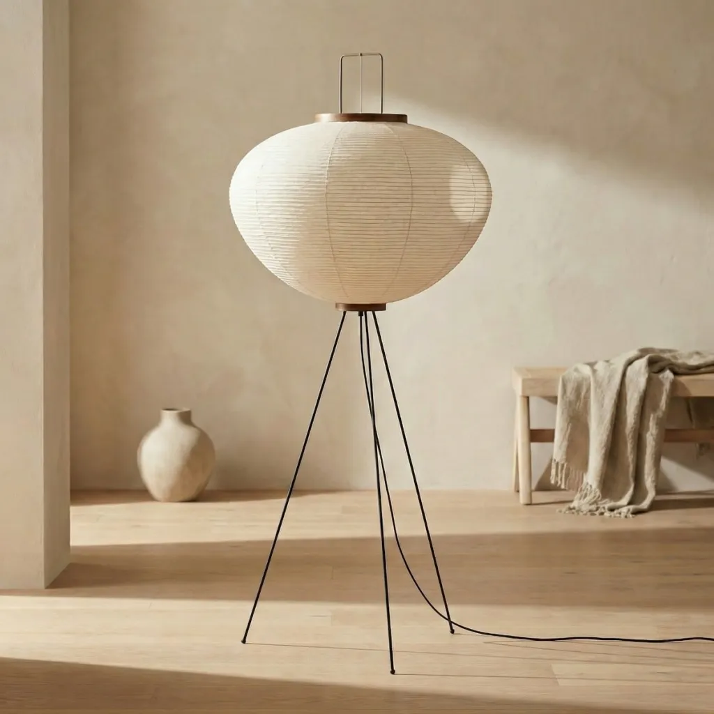 Japandi Tripod Floor Lamp with Warm White Paper Shade