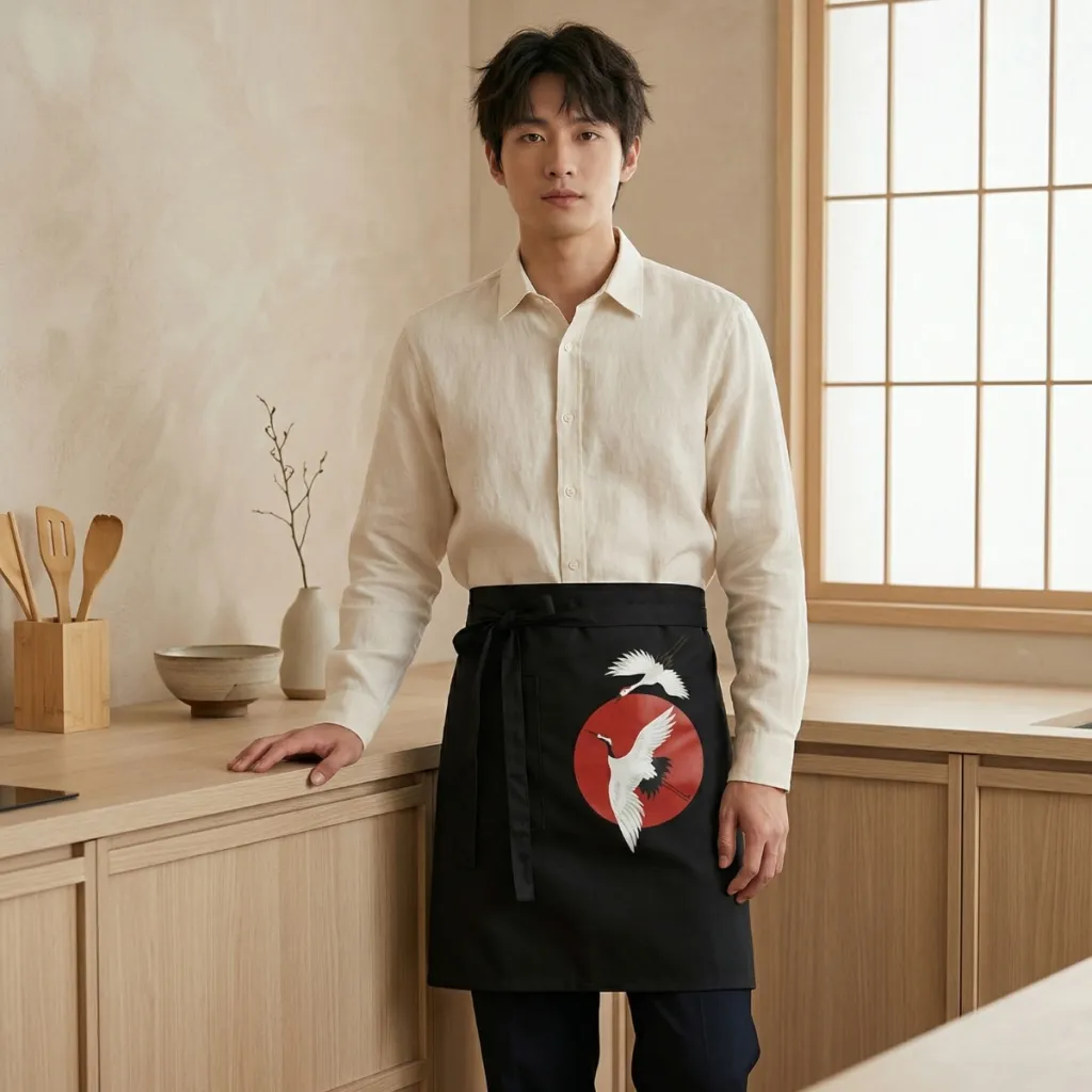 Japandi Waist Apron with Crane Print