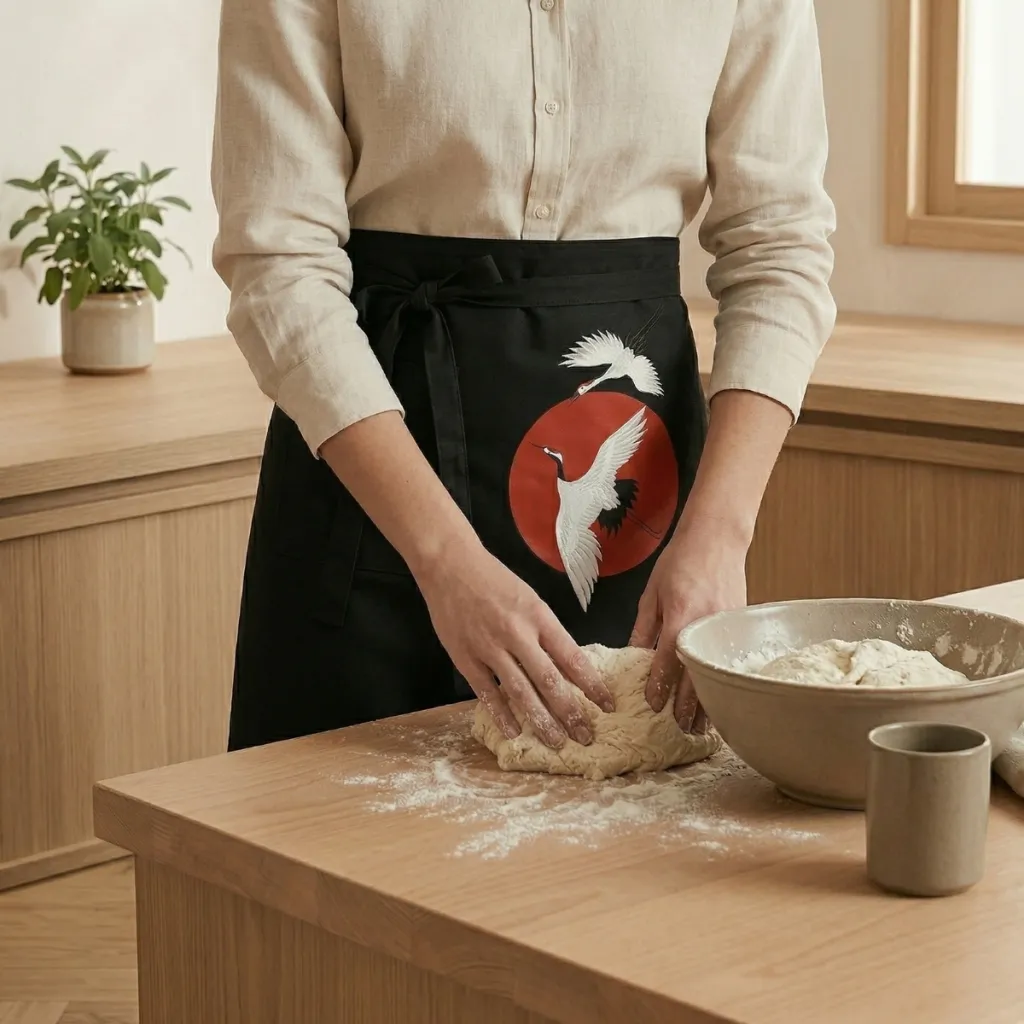 Japandi Waist Apron with Crane Print — a piece designed for serenity