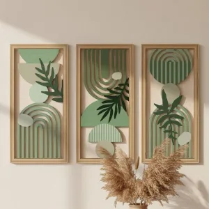 Japandi Wall Art Trio in Green Wood with Arches and Ferns — view 1