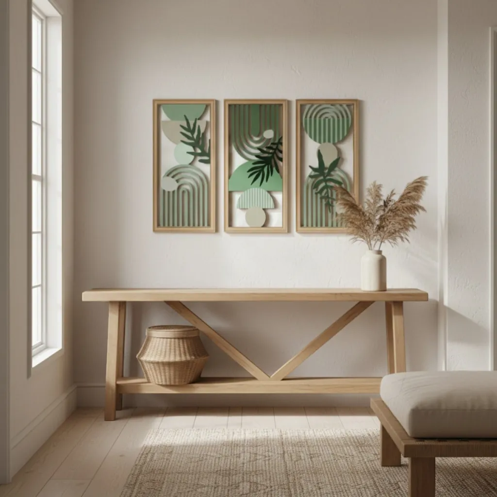 Japandi Wall Art Trio in Green Wood with Arches and Ferns — where minimalism meets durability
