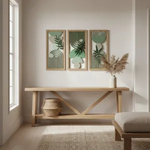 Japandi Wall Art Trio in Green Wood with Arches and Ferns — view 3