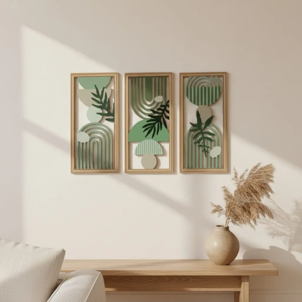 Japandi Wall Art Trio in Green Wood with Arches and Ferns — flexible, beautiful styling