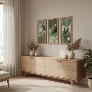 Japandi Wall Art Trio in Green Wood with Arches and Ferns — view 5