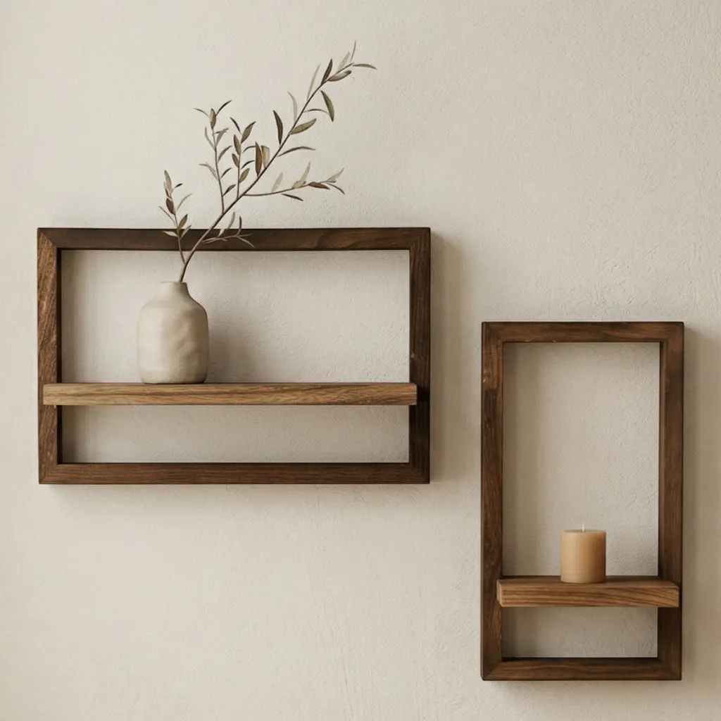 Set of 2 Japandi Wall Shelves with Wood Frame