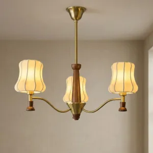 Japandi Three or Five-Shade Wood and Brass Chandelier — view 1