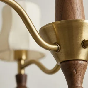 Japandi Three or Five-Shade Wood and Brass Chandelier — view 2