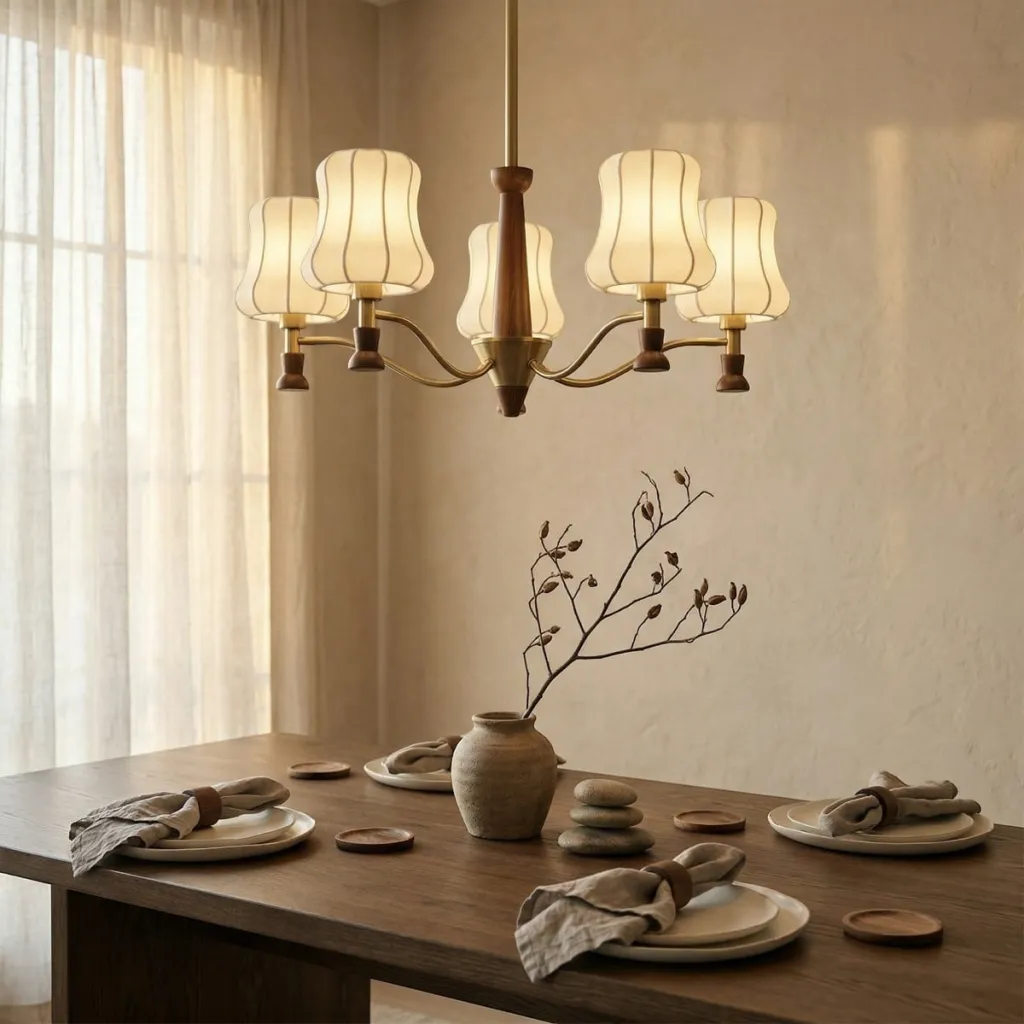 Japandi Three or Five-Shade Wood and Brass Chandelier — where minimalism meets durability