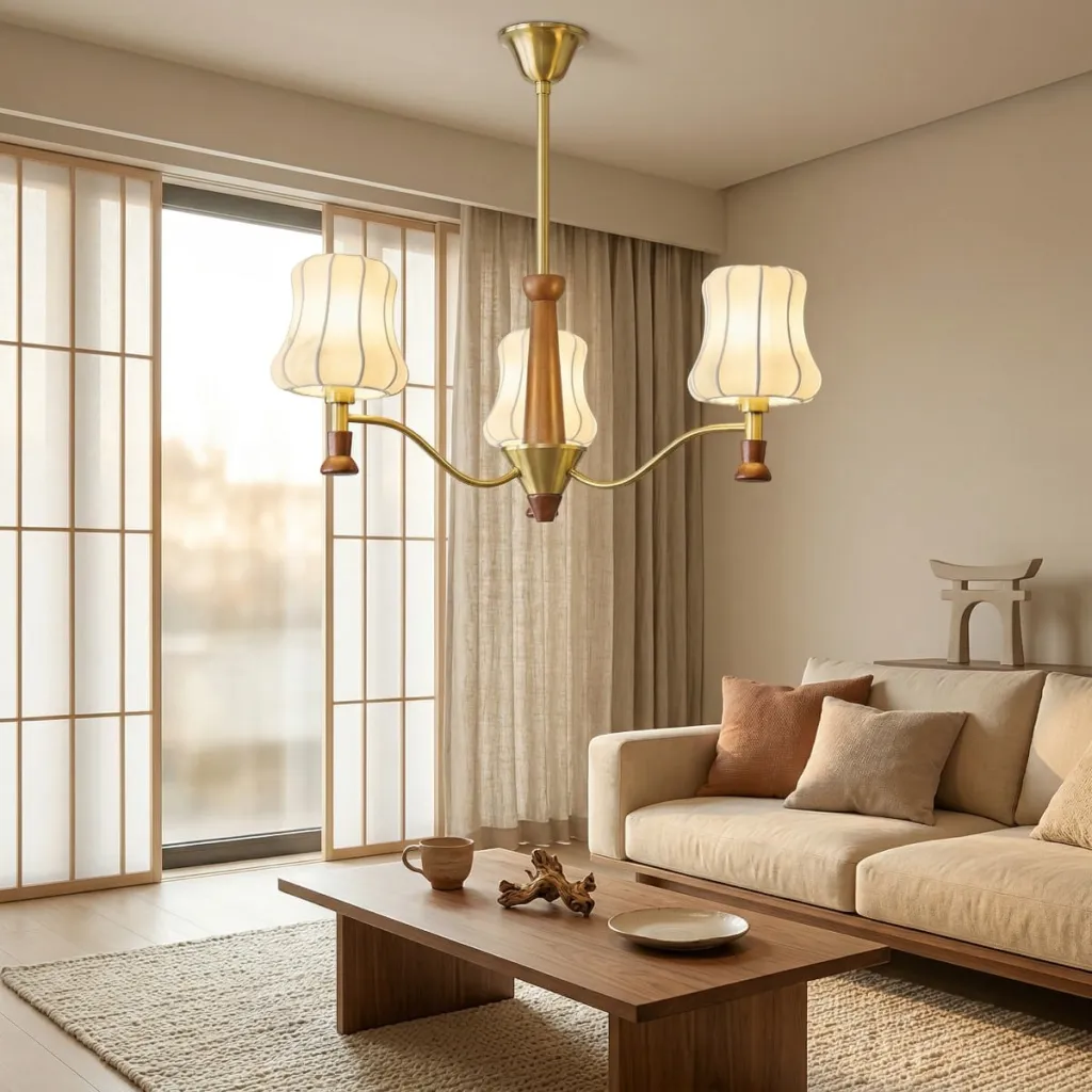 Japandi Three or Five-Shade Wood and Brass Chandelier — flexible, beautiful styling
