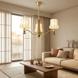 Japandi Three or Five-Shade Wood and Brass Chandelier — view 4