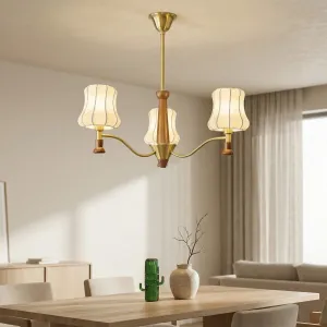 Japandi Three or Five-Shade Wood and Brass Chandelier — view 5