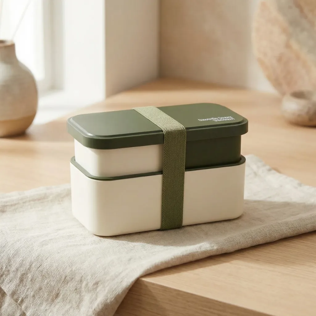 Green and Beige Japanese Bento Box with Multiple Compartments