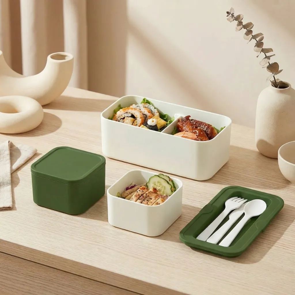 Green and Beige Japanese Bento Box with Multiple Compartments — a piece designed for serenity