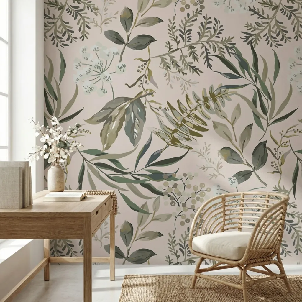 Japanese Botanical Wallpaper with Green Foliage