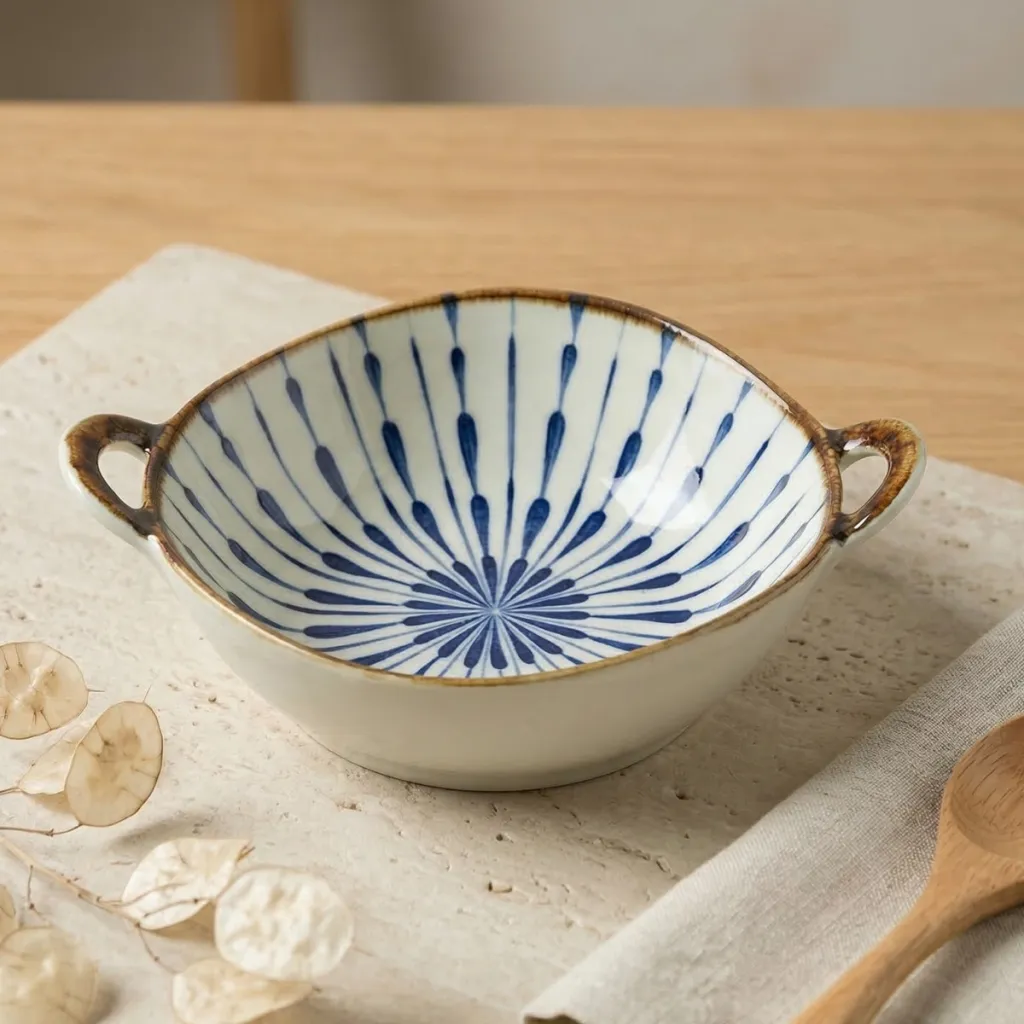 Japanese Ceramic Bowl with Handles, Blue and White