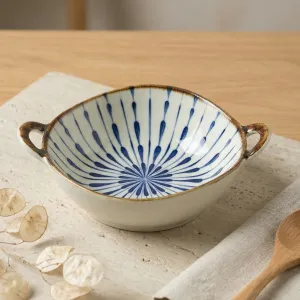 Japanese Ceramic Bowl with Handles, Blue and White — view 1