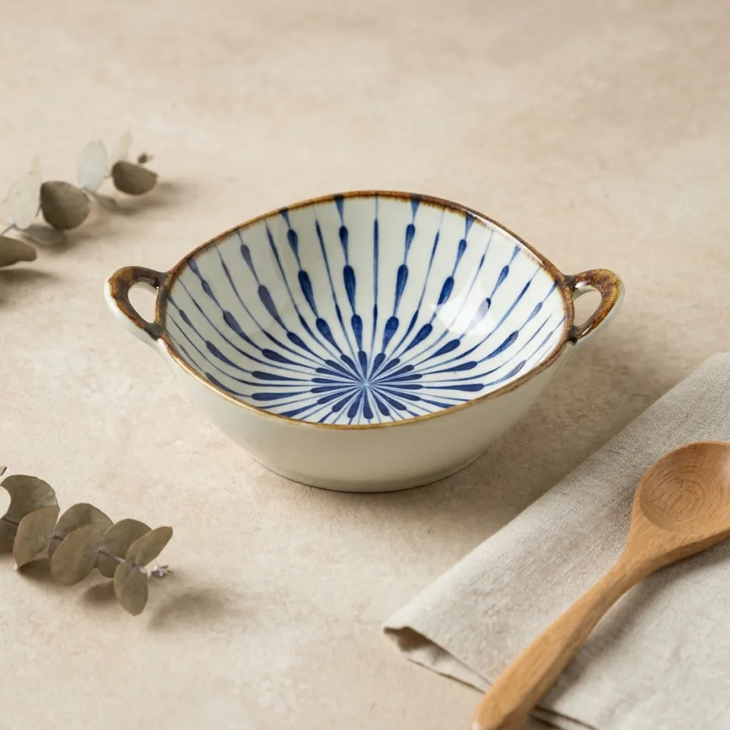 Japanese Ceramic Bowl with Handles, Blue and White — where minimalism meets durability