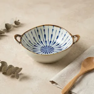 Japanese Ceramic Bowl with Handles, Blue and White — view 3
