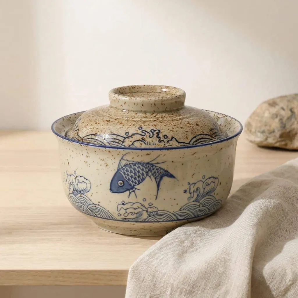 Japanese Ceramic Bowl with Koi Fish Pattern and Lid