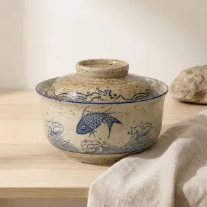 Japanese Ceramic Bowl with Koi Fish Pattern and Lid — view 1