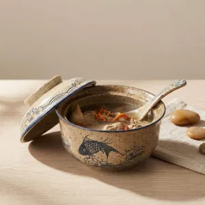 Japanese Ceramic Bowl with Koi Fish Pattern and Lid — view 2