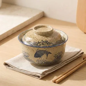 Japanese Ceramic Bowl with Koi Fish Pattern and Lid — view 3