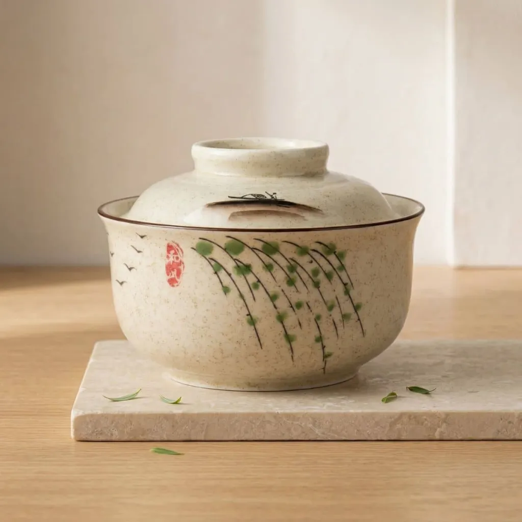 Japanese Ceramic Bowl with Lid, Bamboo Print