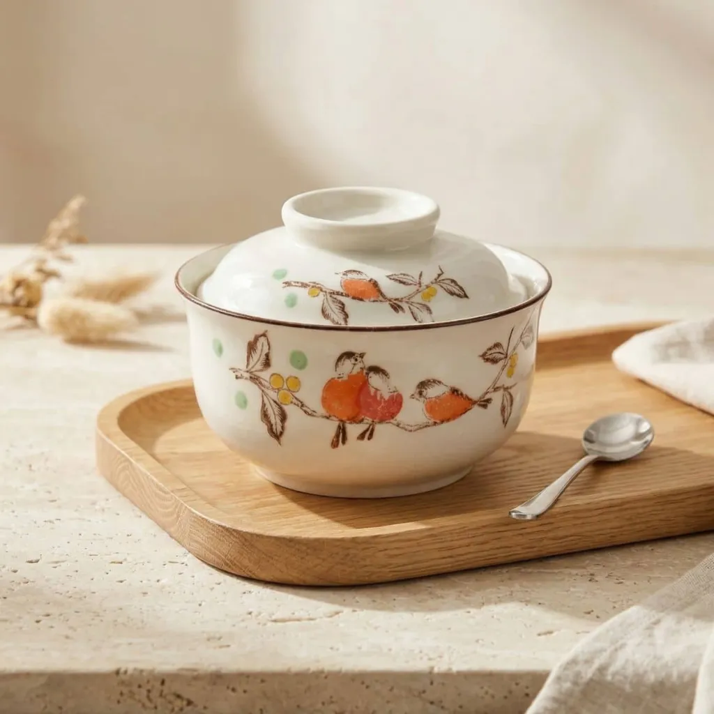 Japanese Ceramic Bowl with Spring Bird Print and Lid