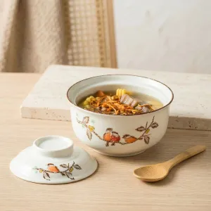 Japanese Ceramic Bowl with Spring Bird Print and Lid — view 2