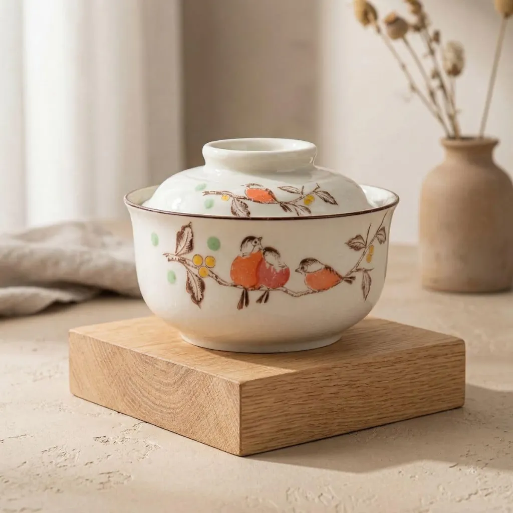 Japanese Ceramic Bowl with Spring Bird Print and Lid — where minimalism meets durability