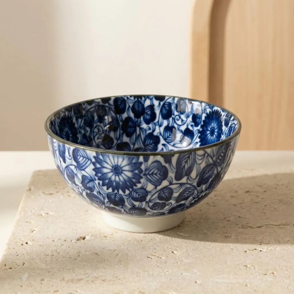 Japanese Ceramic Bowl in White and Blue with Floral Design
