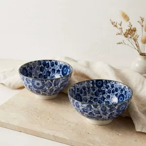 Japanese Ceramic Bowl in White and Blue with Floral Design — view 2
