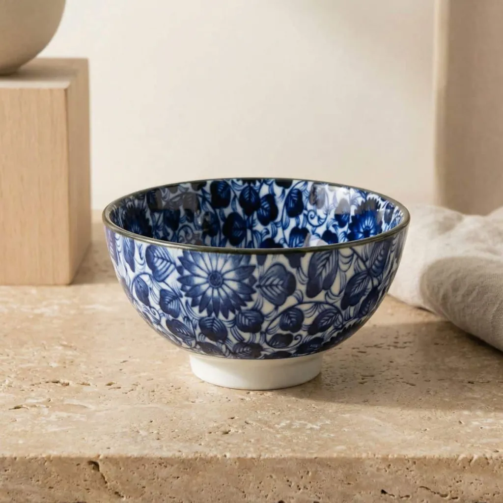 Japanese Ceramic Bowl in White and Blue with Floral Design — where minimalism meets durability