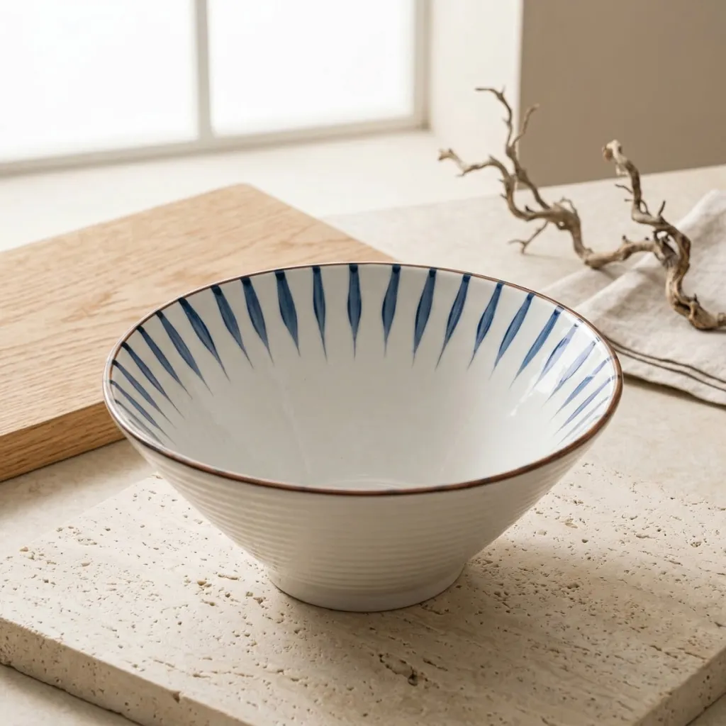 Japanese Ceramic Ramen Bowl, Indigo Blue and White